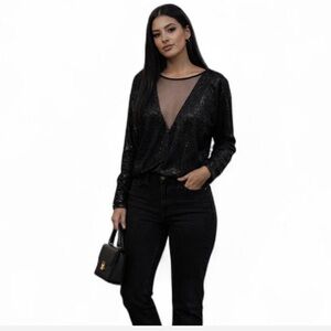Elegant Black Sheer Deep-V Front Sequin Long Sleeved Top